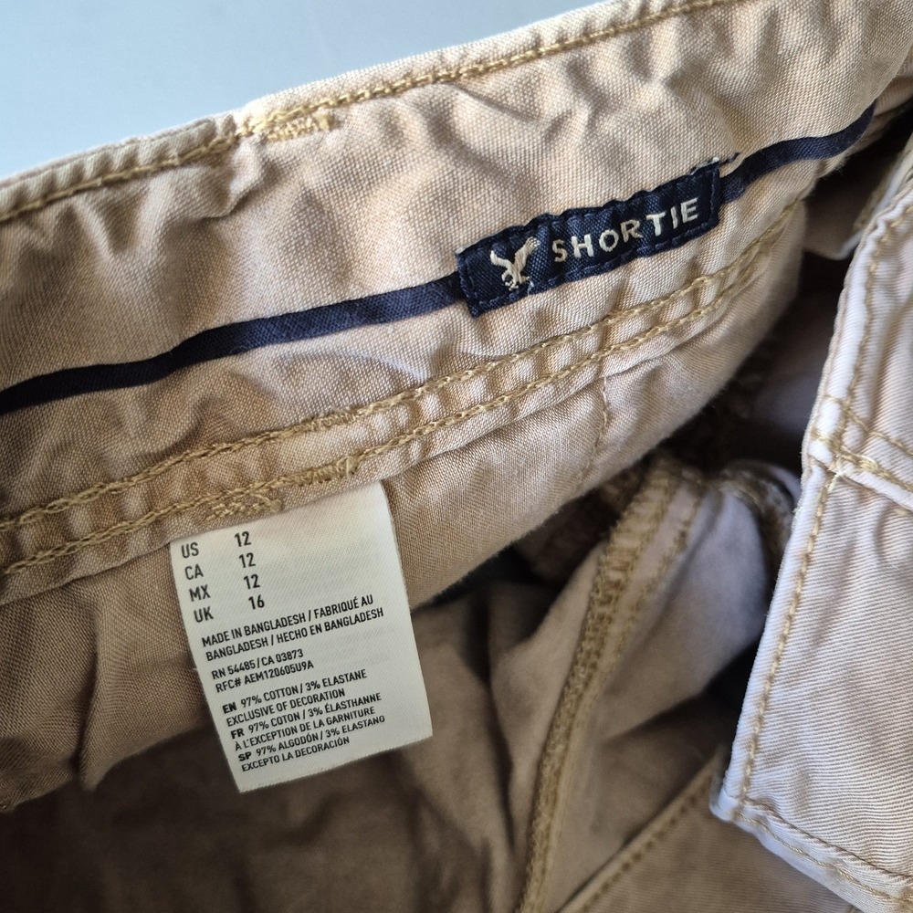 Y2K American Eagle Shorts Womens 12 Khaki Tan Shortie Micro Mini Bootie Preppy - Picture 5 of 9